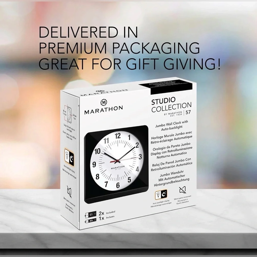 Marathon Analog Jumbo Black & White Wall Clock Silent Quartz Movement New in Box